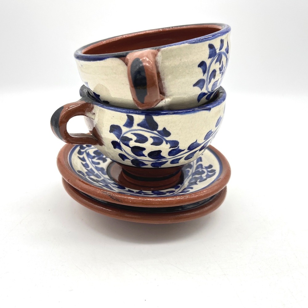 Mexican Talavera Style Terracotta Espresso Cup and Saucer Set Blue White 4pc